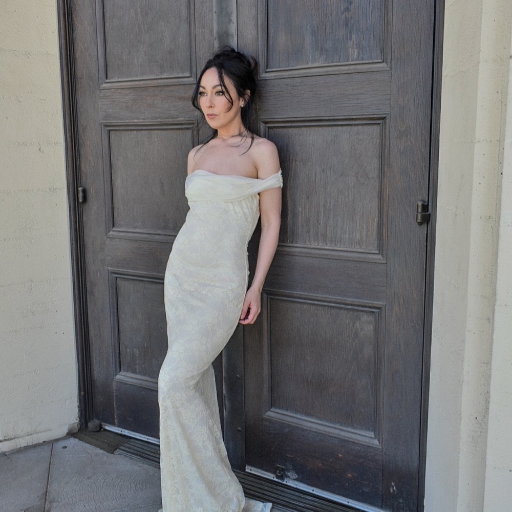 JJs House Butter Yellow Off-Shoulder Cap Sleeve Gown
